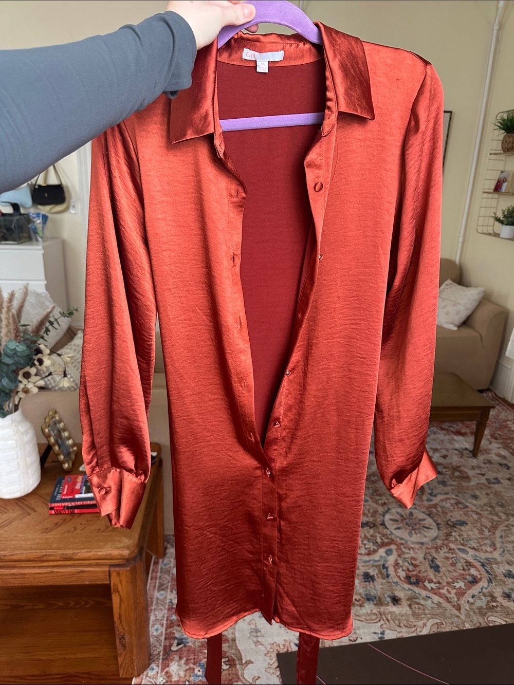 Satin Button-Front Tie Waist Longline Shirt Dress - Rust